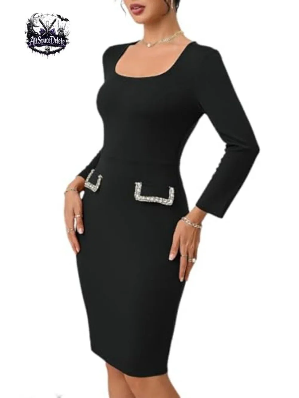 Long Sleeve Pencil Dress Square Neck Bodycon Midi Business Formal Pocket Trim